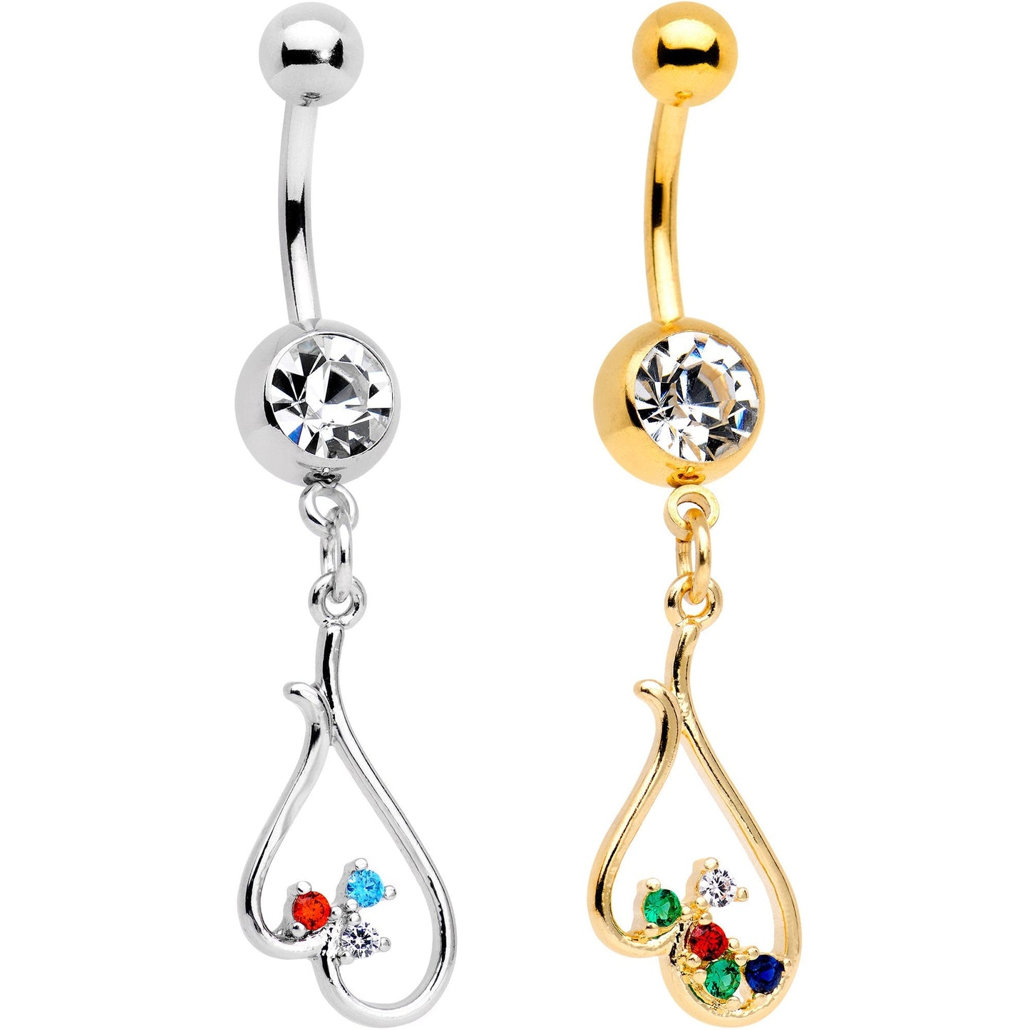 Clear Gem Gold PVD BFF Upside Down Heart Dangle Belly Ring Set of 2