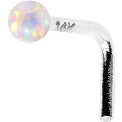 1/4 14k White Gold White 2mm Synthetic Opal Ball L Shaped Nose Ring