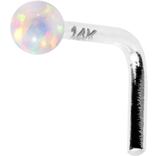 1/4 14k White Gold White 2mm Synthetic Opal Ball L Shaped Nose Ring