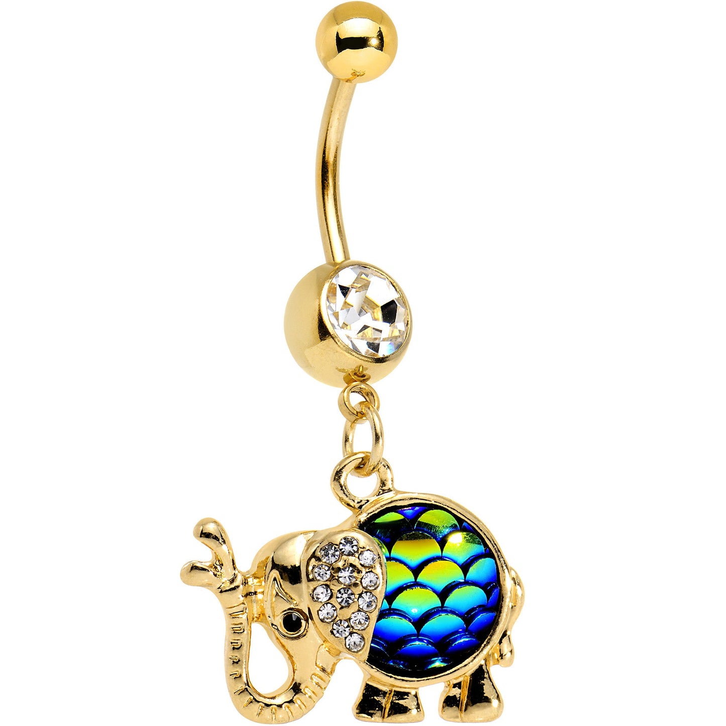 Clear Gem Gold Anodized Mermaid Scale Elephant Dangle Belly Ring