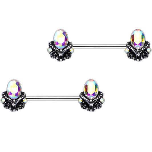 14G 5/8" Aurora Gem Gothic Frame Barbell Nipple Ring Set