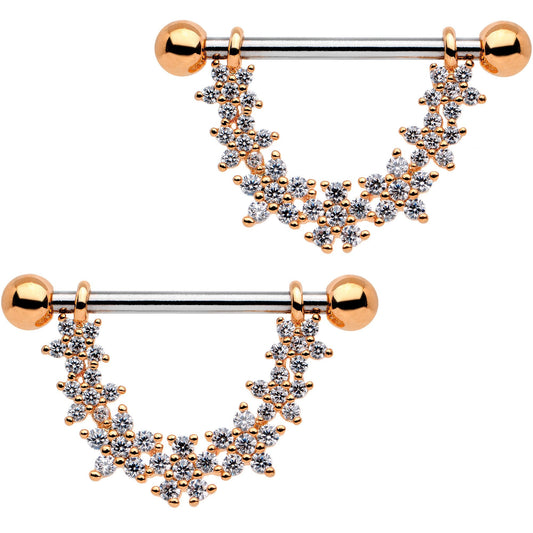 9/16 Clear CZ Gem Rose Gold Tone Daisy Flower Chain Dangle Nipple Ring Set