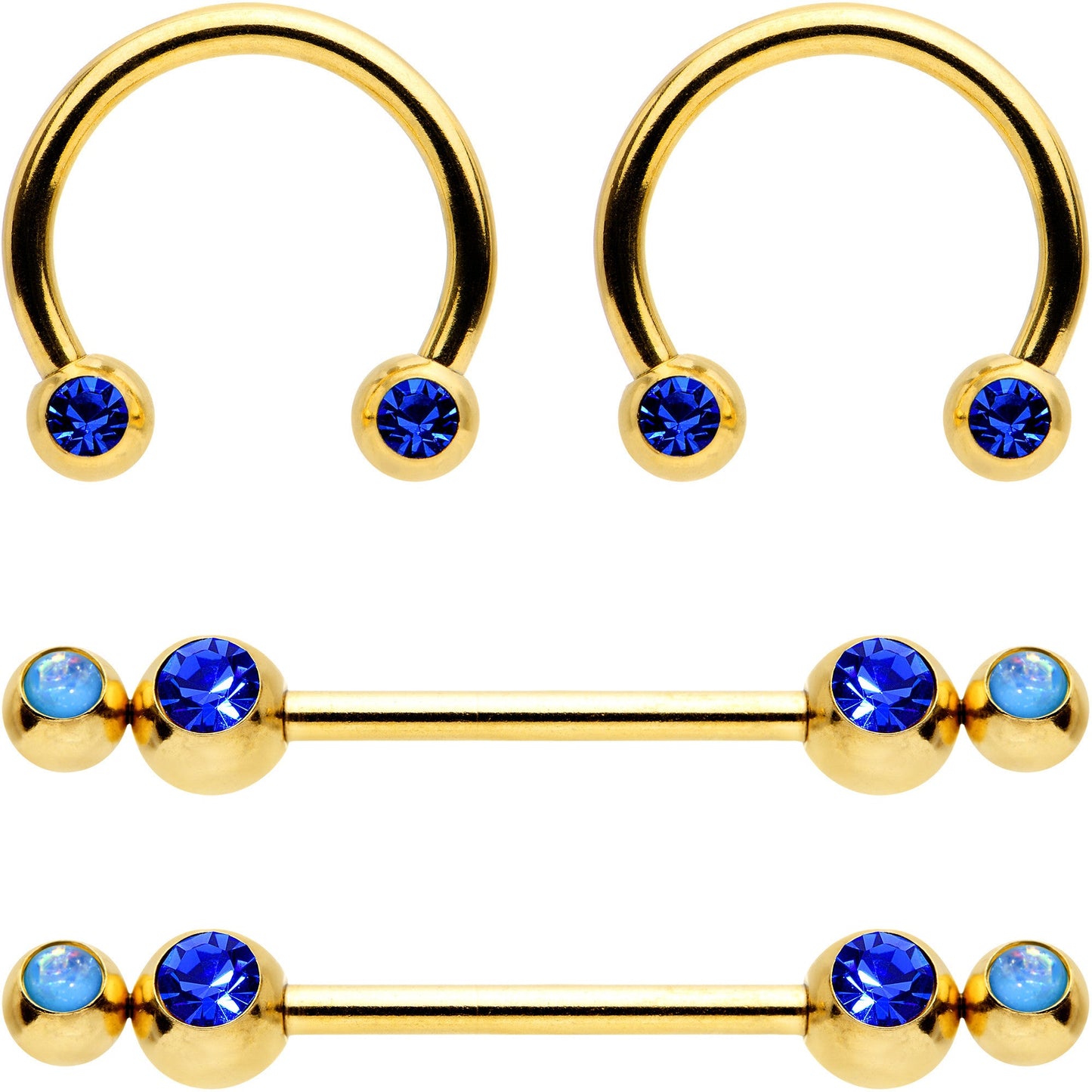 14G Blue Faux Opal Duo Gold Hue Horseshoe Barbell Nipple Ring Set