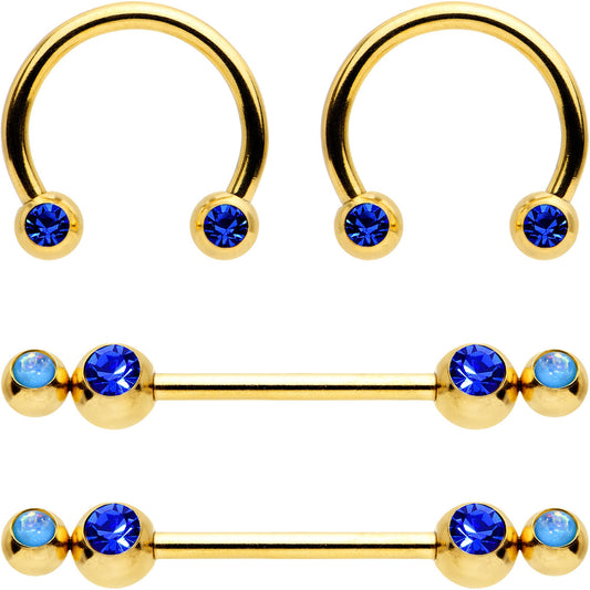 14G Blue Faux Opal Duo Gold Hue Horseshoe Barbell Nipple Ring Set