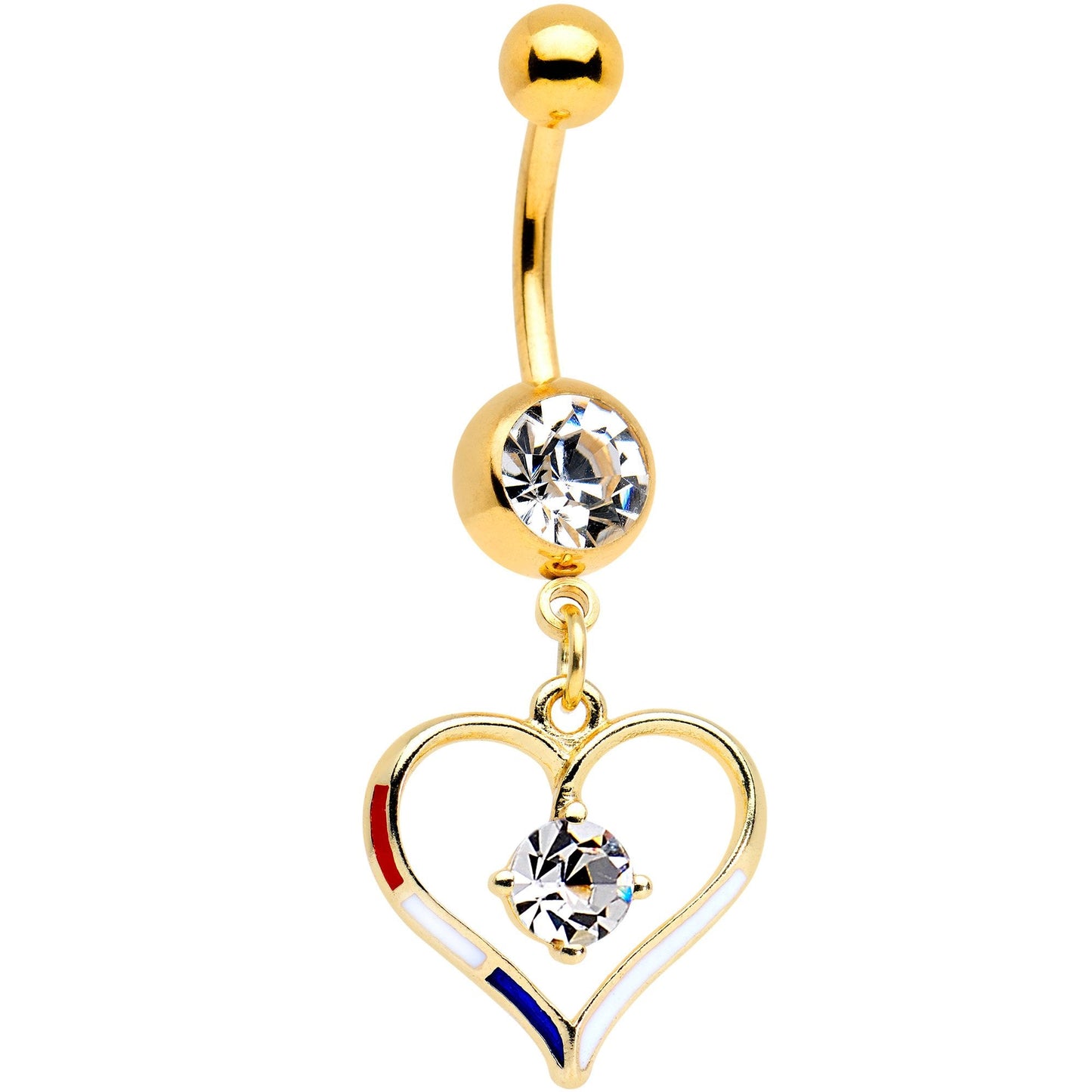 Clear Gem Gold PVD Red White and Blue Heart Belly Ring Set of 2