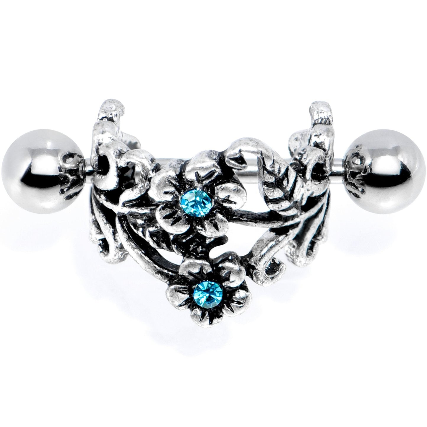 16G 1/2 Blue Gem Double Daisy Flower Cuff Cartilage Earring