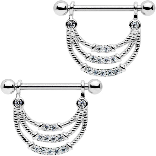 9/16 Clear CZ Gem Frozen Dangle Barbell Nipple Ring Set