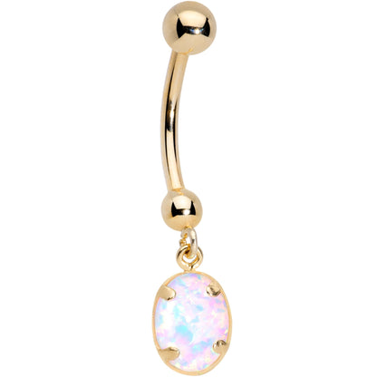 14K Gold Handcrafted White Faux Opal Reversible Dangle Belly Ring