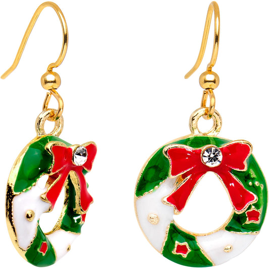 Clear CZ Gem Gold Plated Christmas Wreath Fishhook Earrings