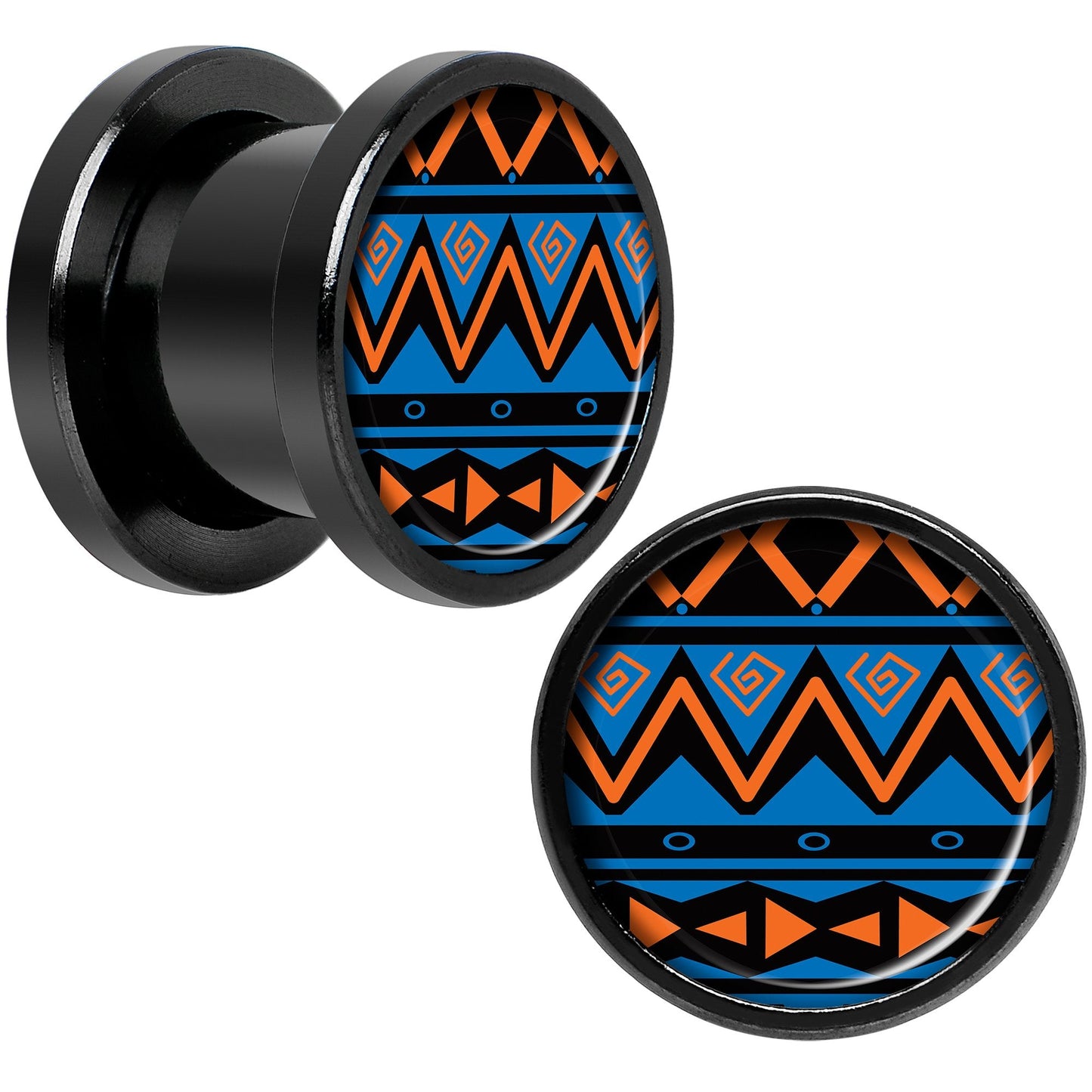 Blue Orange Tribal Print Black Anodized Screw Fit Plug Set 00G