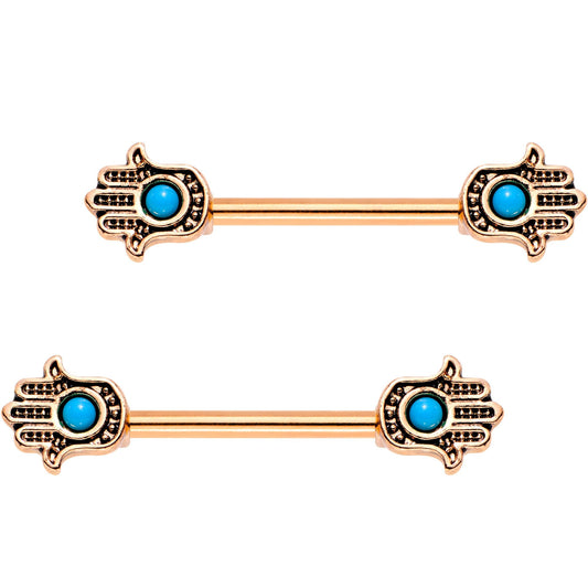 9/16 Blue Orb Rose Gold Plated Hamsa Hand Barbell Nipple Ring Set