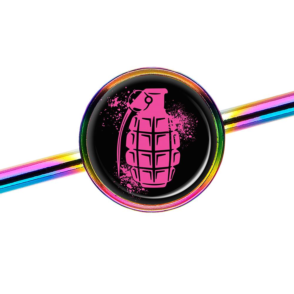 14G Pink Grenade Rainbow Industrial Barbell 37mm