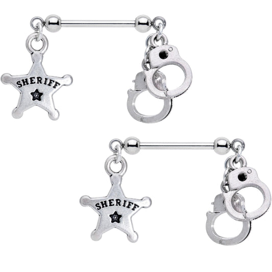 Handcrafted Sheriff Badge and Cuffs Dangle Nipple Ring Set