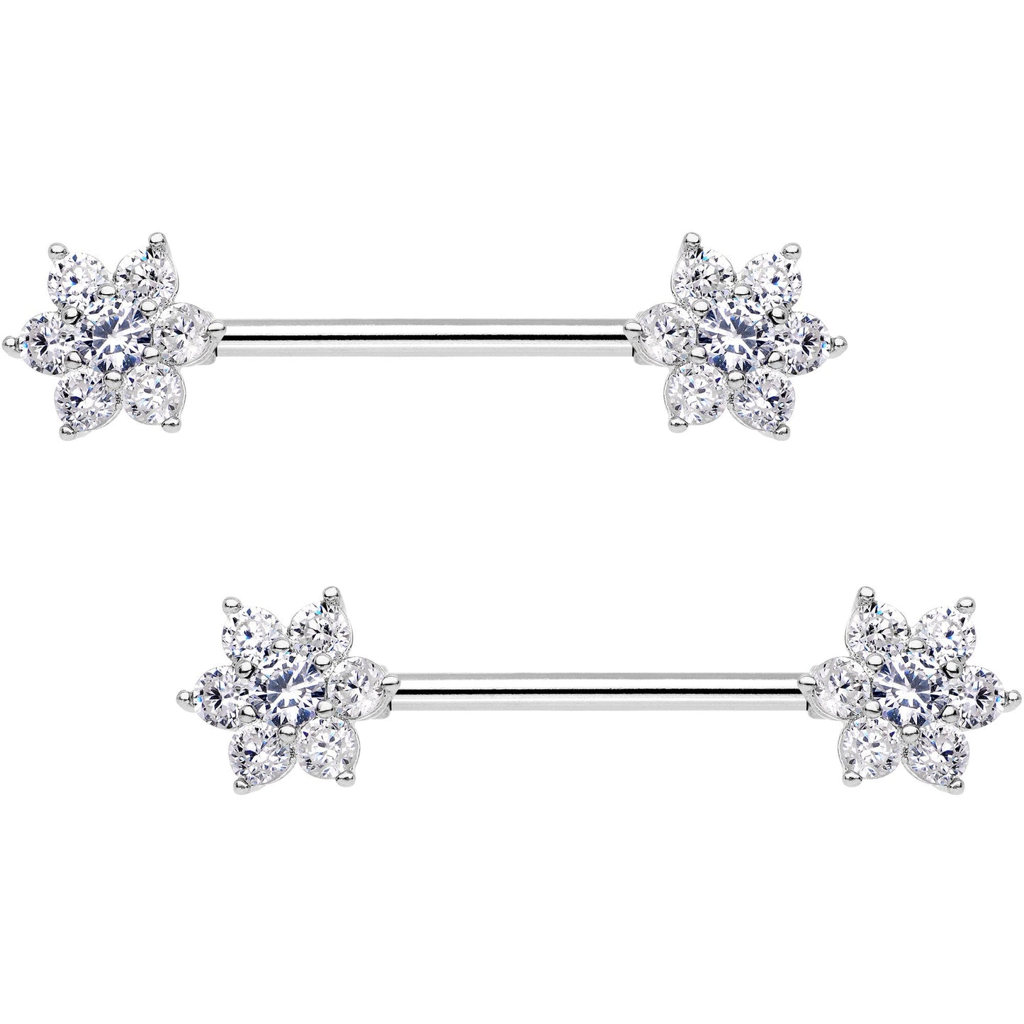 9/16 Clear CZ Gem Shimmering Flower Petal Barbell Nipple Ring Set