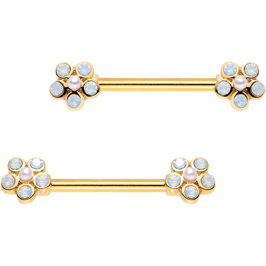 9/16 White Faux Opal Gold Plated Flower Barbell Nipple Ring Set
