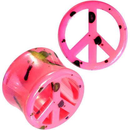 Black Speckled Pink Acrylic Peace Sign Saddle Plug Set 10mm to 20mm