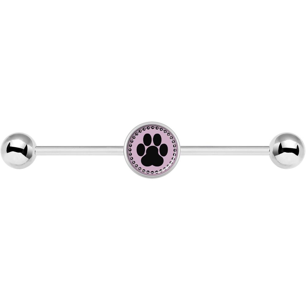 14G Black on Pink Paw Print Industrial Barbell 37mm