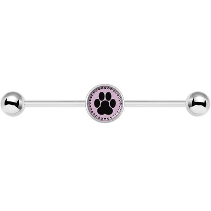14G Black on Pink Paw Print Industrial Barbell 37mm