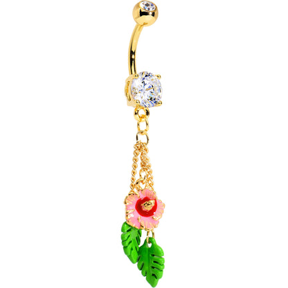 Clear Pink Flower Dangle Belly Ring Created with Crystals
