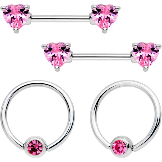 14G 9/16 Pink Gem Heart Captive Ring Barbell Nipple Ring Set