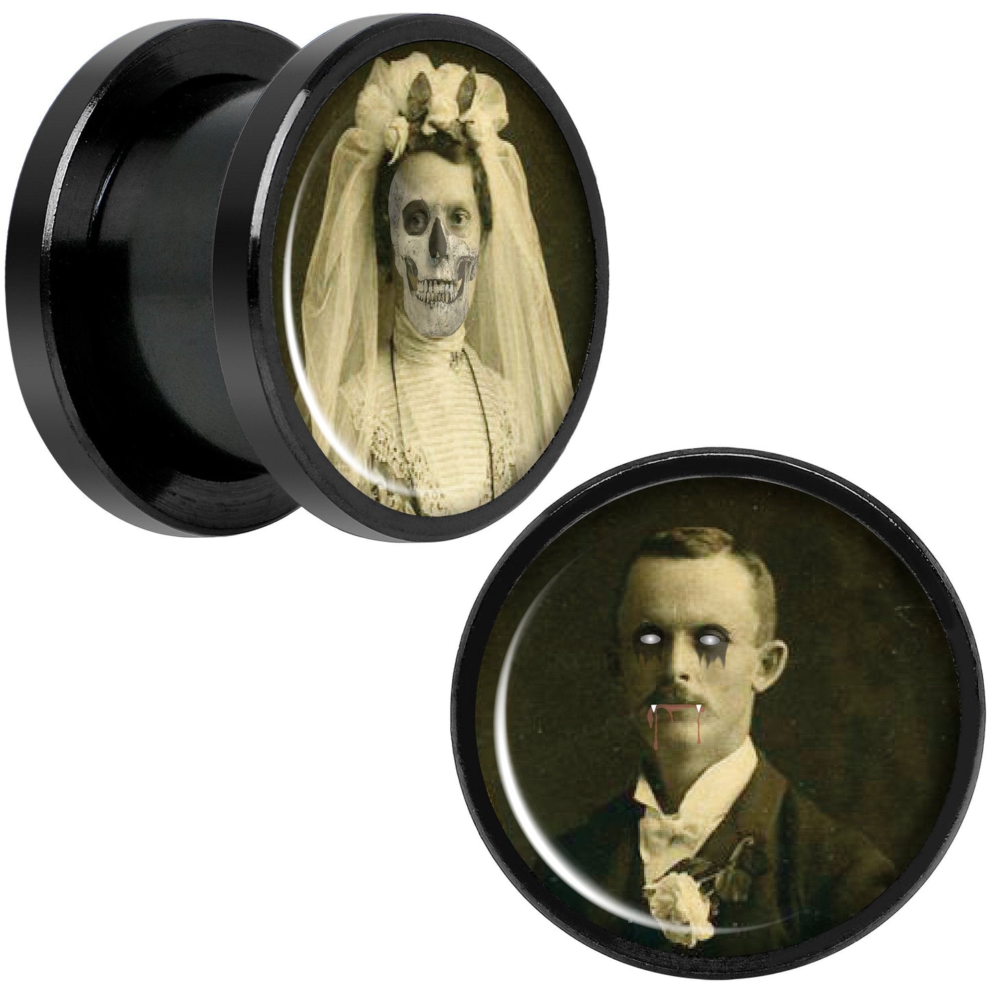 Undead Bride and Groom Halloween Black Anodized Plug Set 1/2
