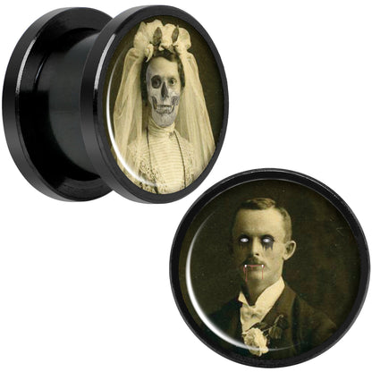 Undead Bride and Groom Halloween Black Anodized Plug Set 1/2
