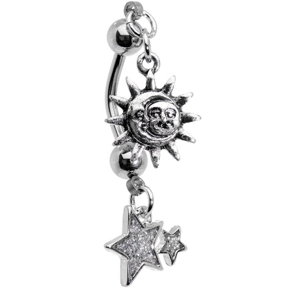 Clear Gem Sun Moon Star Double Mount Dangle Belly Ring