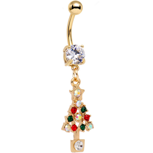 Clear Gem Gold Plated Decked Out Christmas Tree Dangle Belly Ring