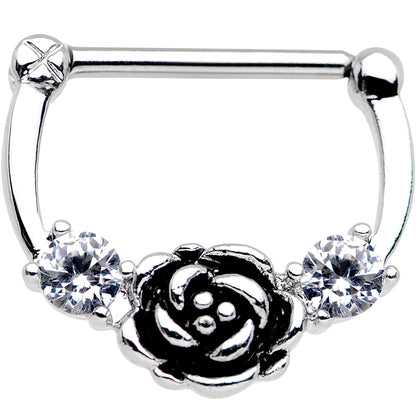 14G 9/16 Clear Gem Kissed Rose Flower Nipple Clicker Set