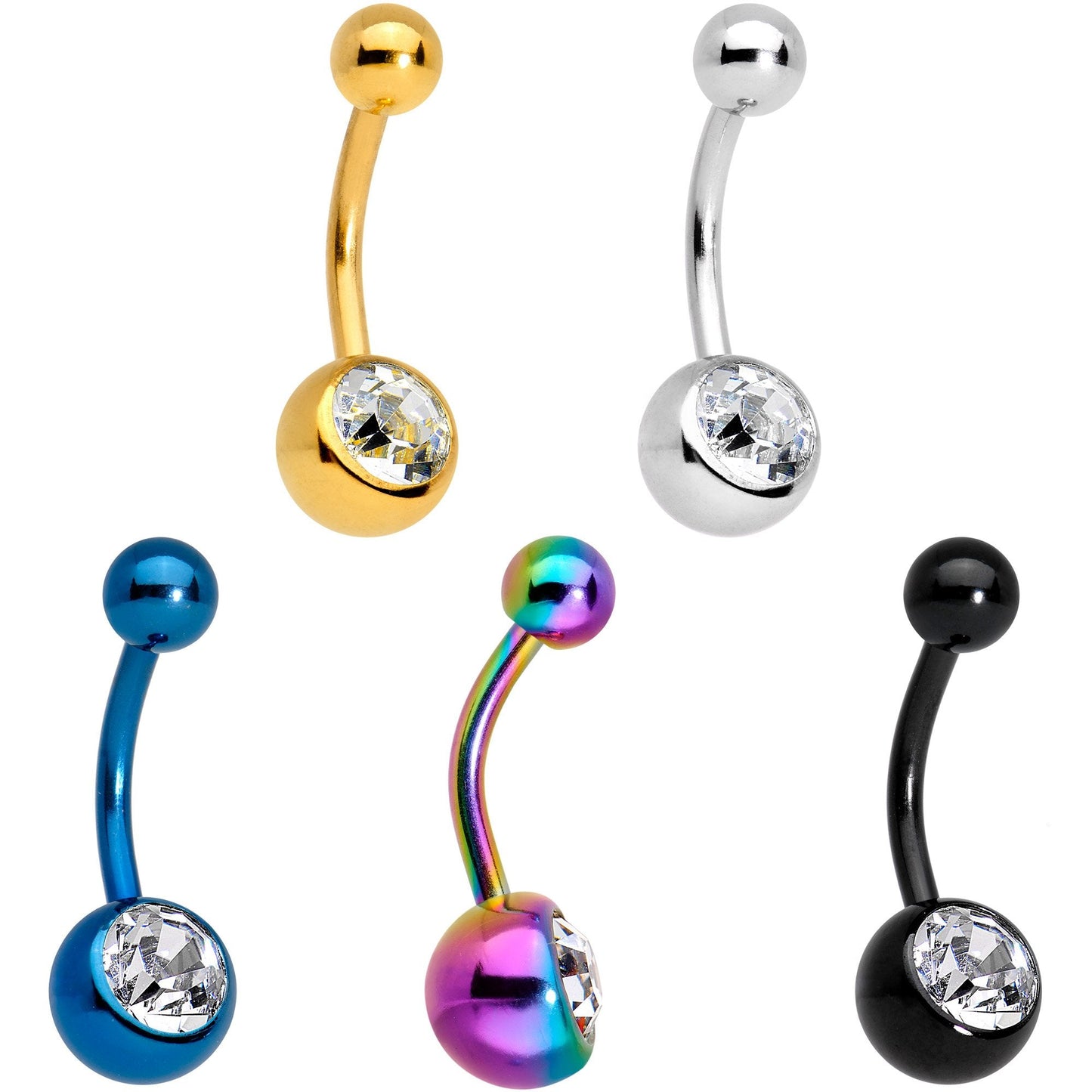 Clear Gem Multi Color Anodized Titanium Belly Ring Set of 5