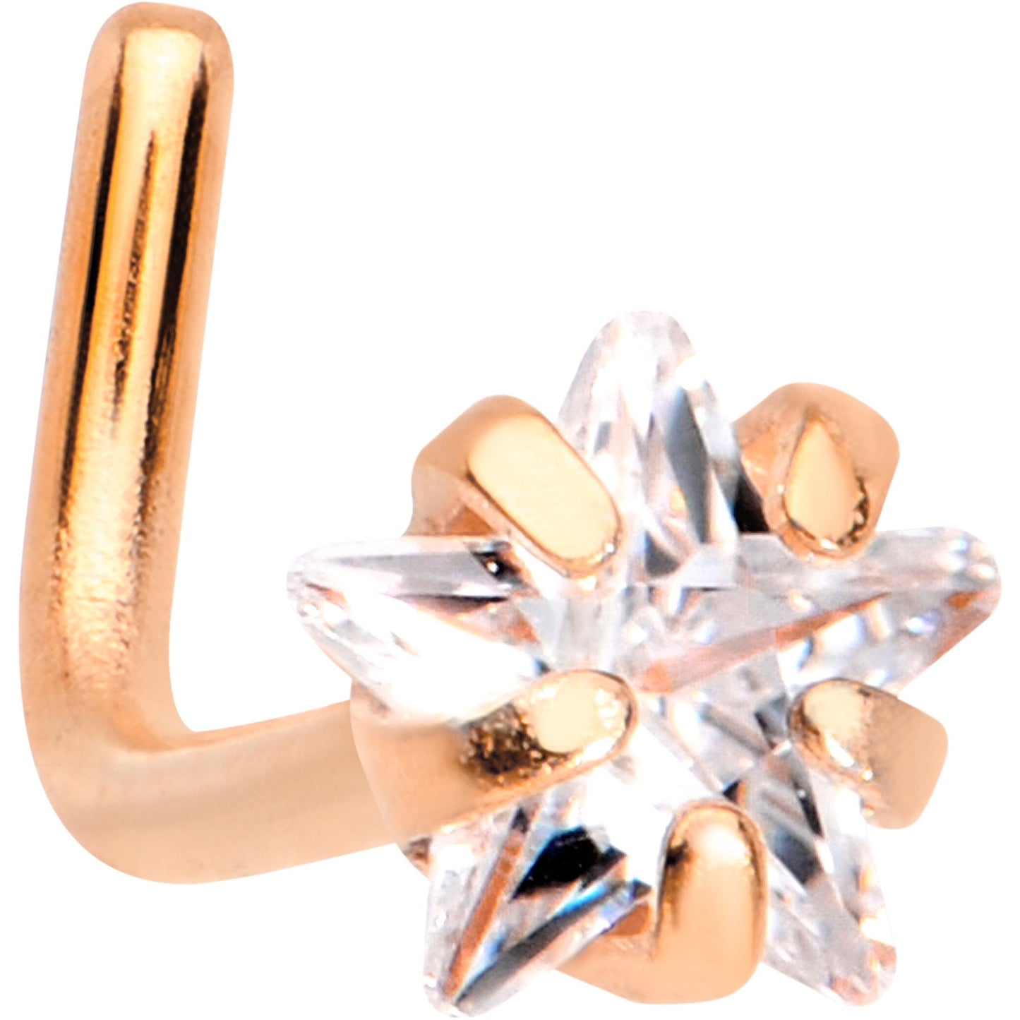 20G 1/4 Clear Star 3mm CZ Gem Rose Gold IP L-Shape Nose Ring