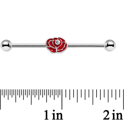 14G Clear Gem Steel Red Rose Flower Industrial Barbell 38mm