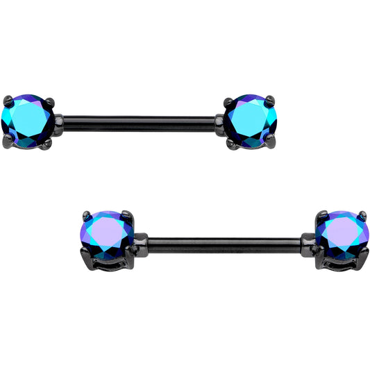 9/16 Blue Aurora Gem Black Anodized Prong Barbell Nipple Ring Set