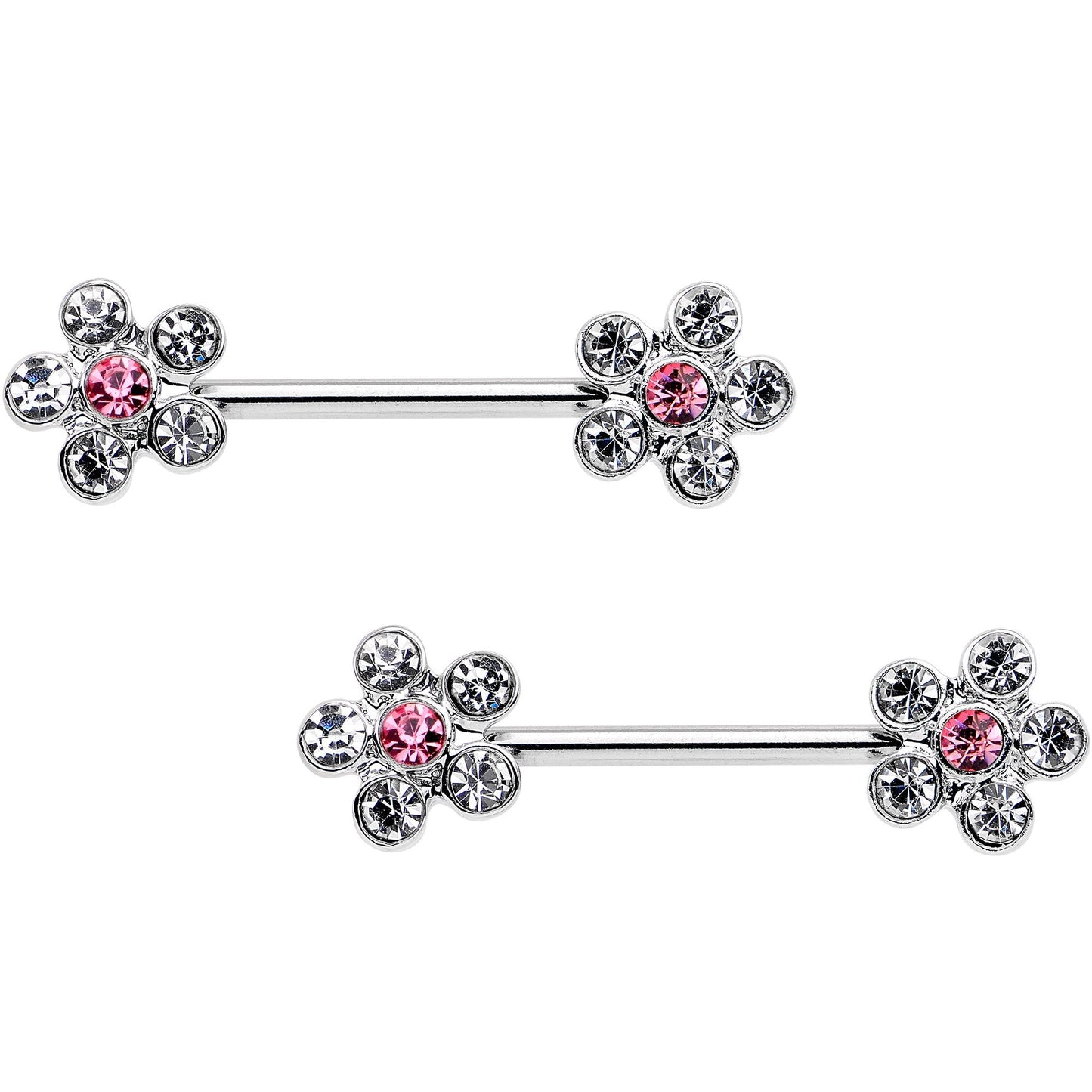 14G 5/8 Clear Pink CZ Gem Fancy Flower Barbell Nipple Ring Set