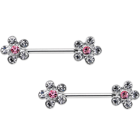 14G 5/8 Clear Pink CZ Gem Fancy Flower Barbell Nipple Ring Set