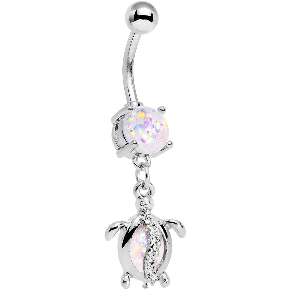 White Faux Opal Clear Gem Beach Turtle Dangle Belly Ring