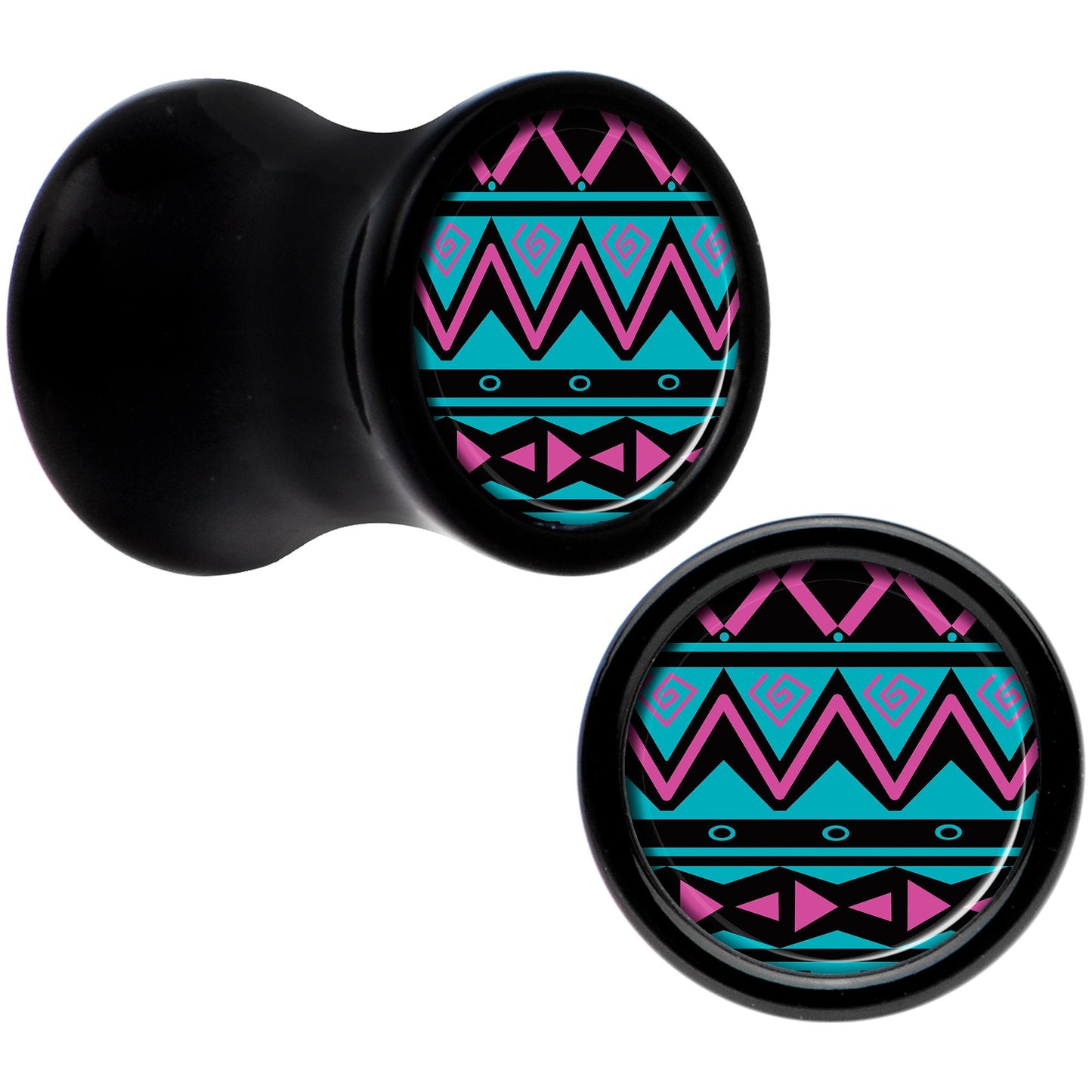 Black Acrylic Pink Teal Tribal Print Saddle Plug Set 2G