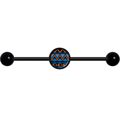 14G Blue Orange Tribal Print Black Industrial Barbell 37mm