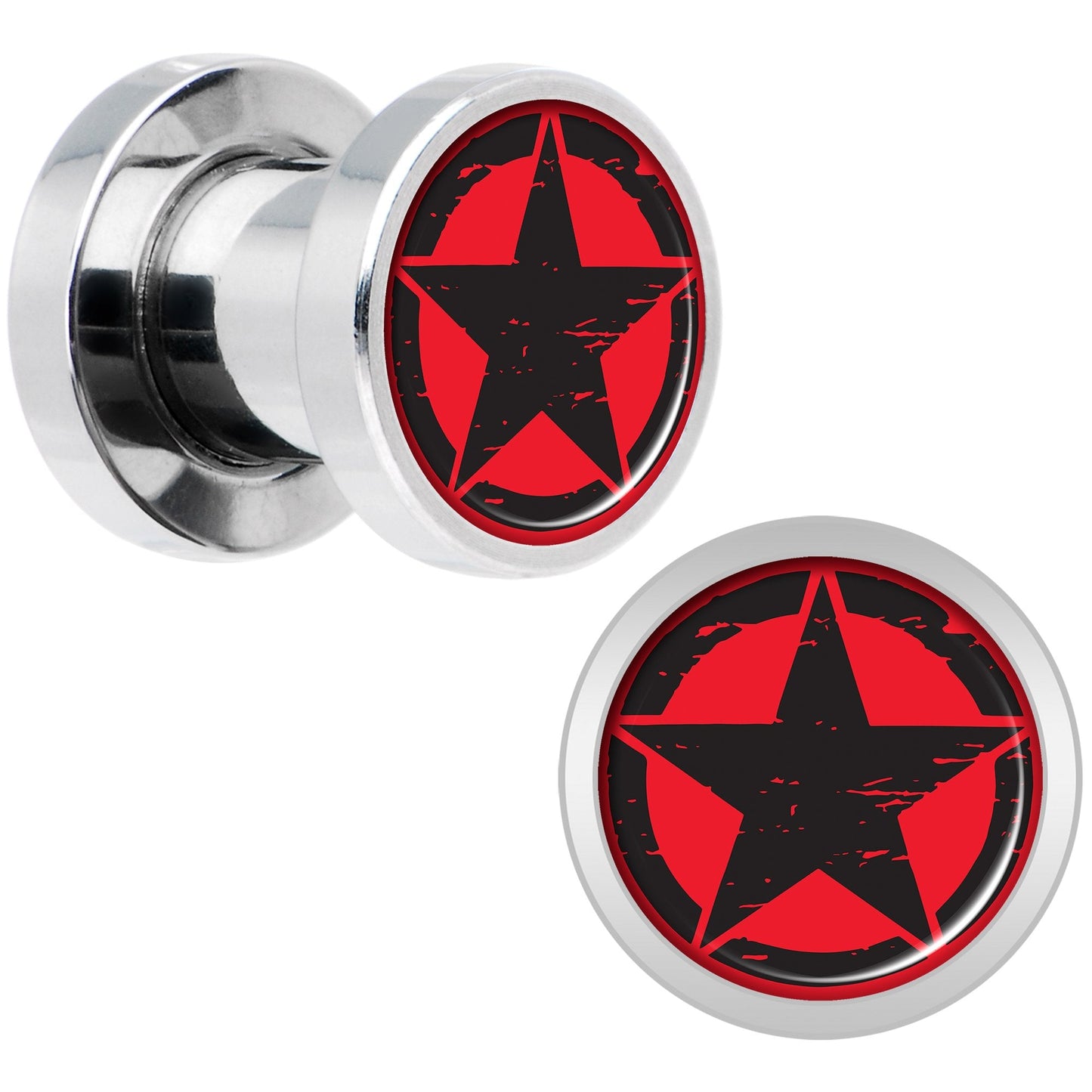 Black Red Distressed Star Steel Screw Fit Plug Set 2G