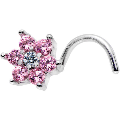 20G 1/4 Pink and Clear CZ Gem Flower Left Nose Screw