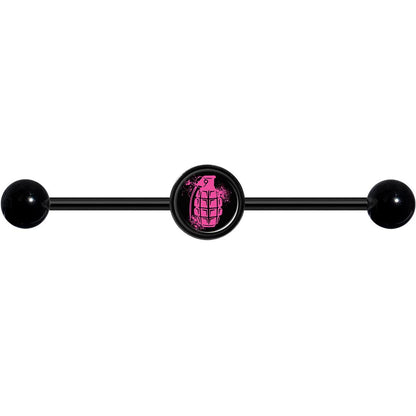 14G Pink Grenade Black Industrial Barbell 37mm