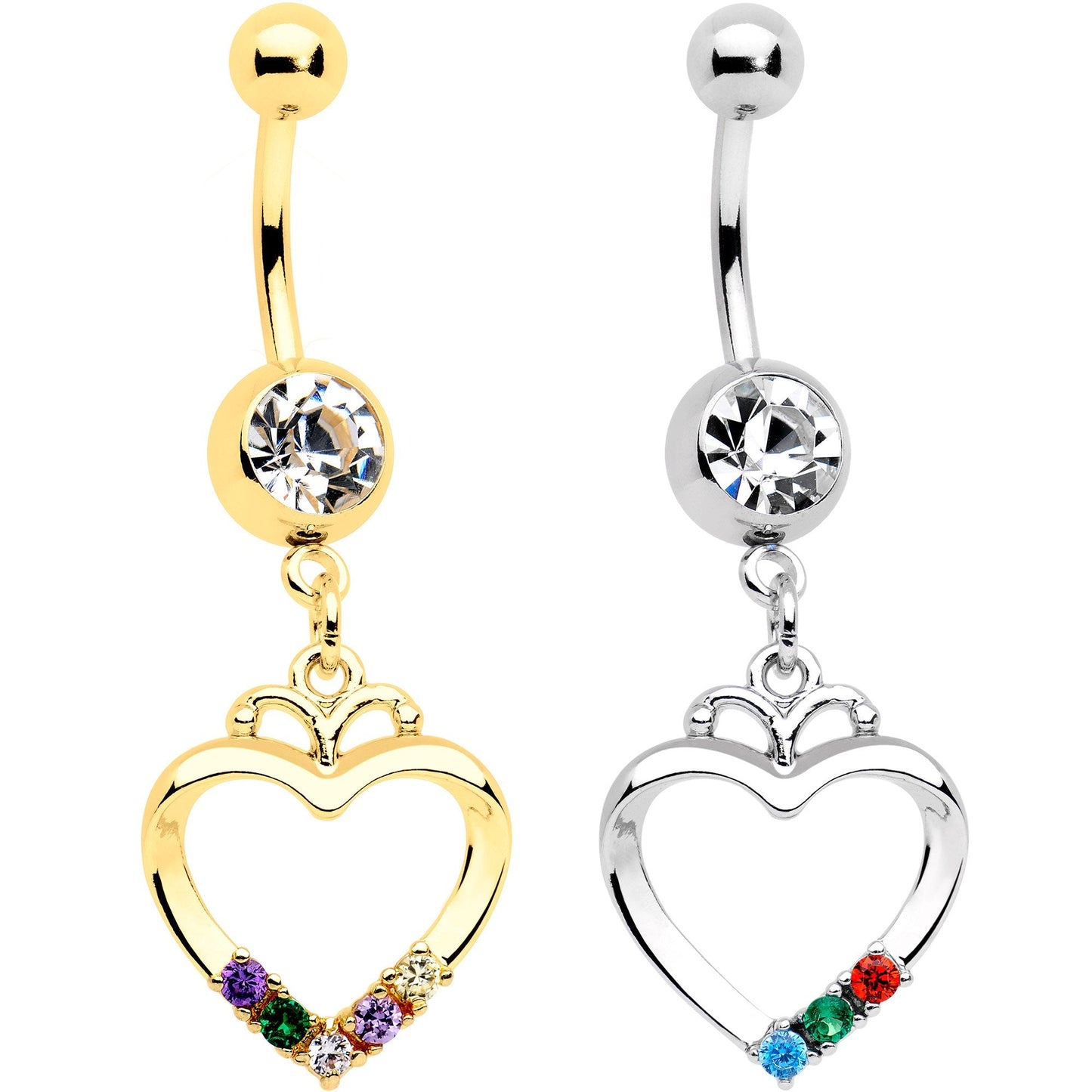 Clear Gem Gold PVD BFF Heart Dangle Belly Ring Set of 2