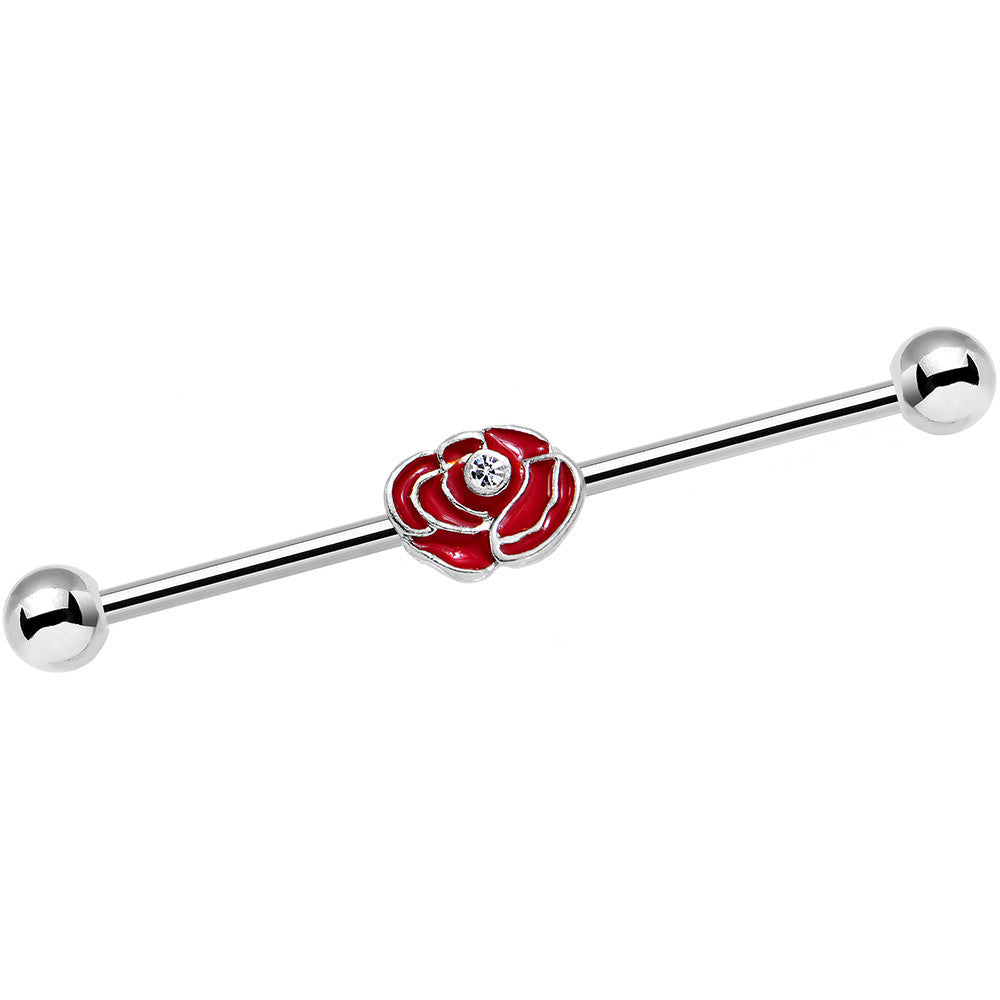 14G Clear Gem Steel Red Rose Flower Industrial Barbell 38mm