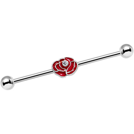 14G Clear Gem Steel Red Rose Flower Industrial Barbell 38mm