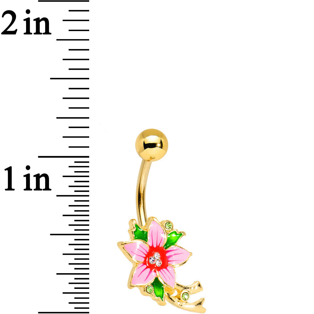Green Clear Gem Pink Bashful Hibiscus Flower Belly Ring