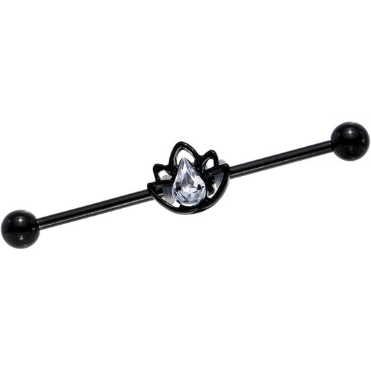 14G Clear Gem Black Lonely Lotus Flower Industrial Barbell 38mm