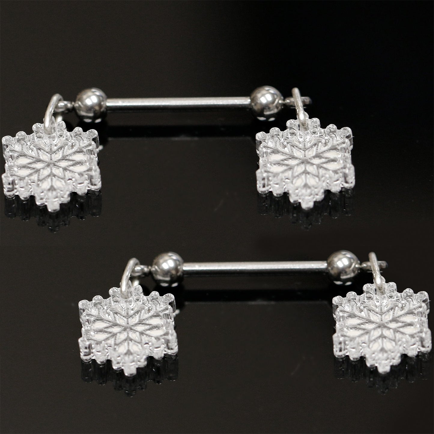 14G 5/8 Winter Snowflake Dangle Barbell Nipple Ring Set