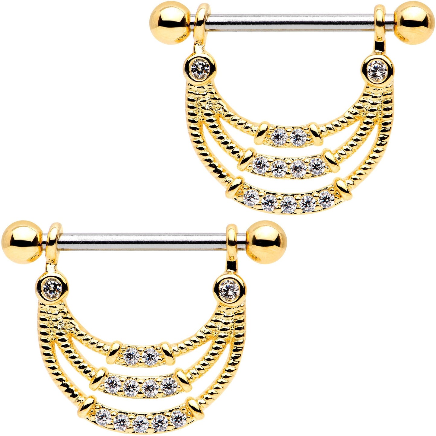 9/16 Clear CZ Gem Gold Tone Frozen Dangle Barbell Nipple Ring Set
