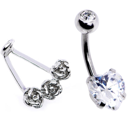 Clear CZ Gem Heart Kissed Rose Flower Dangle Belly Ring