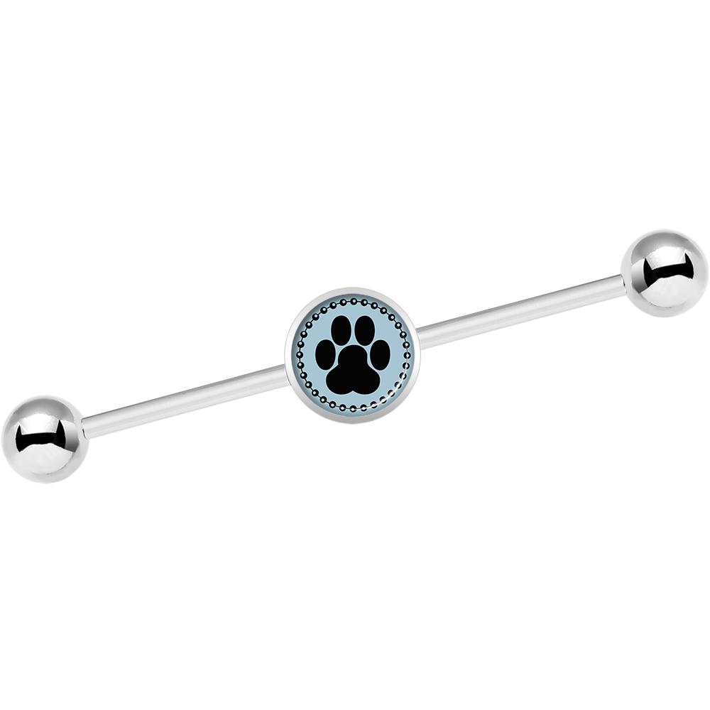 14G Black on Blue Paw Print Industrial Barbell 37mm